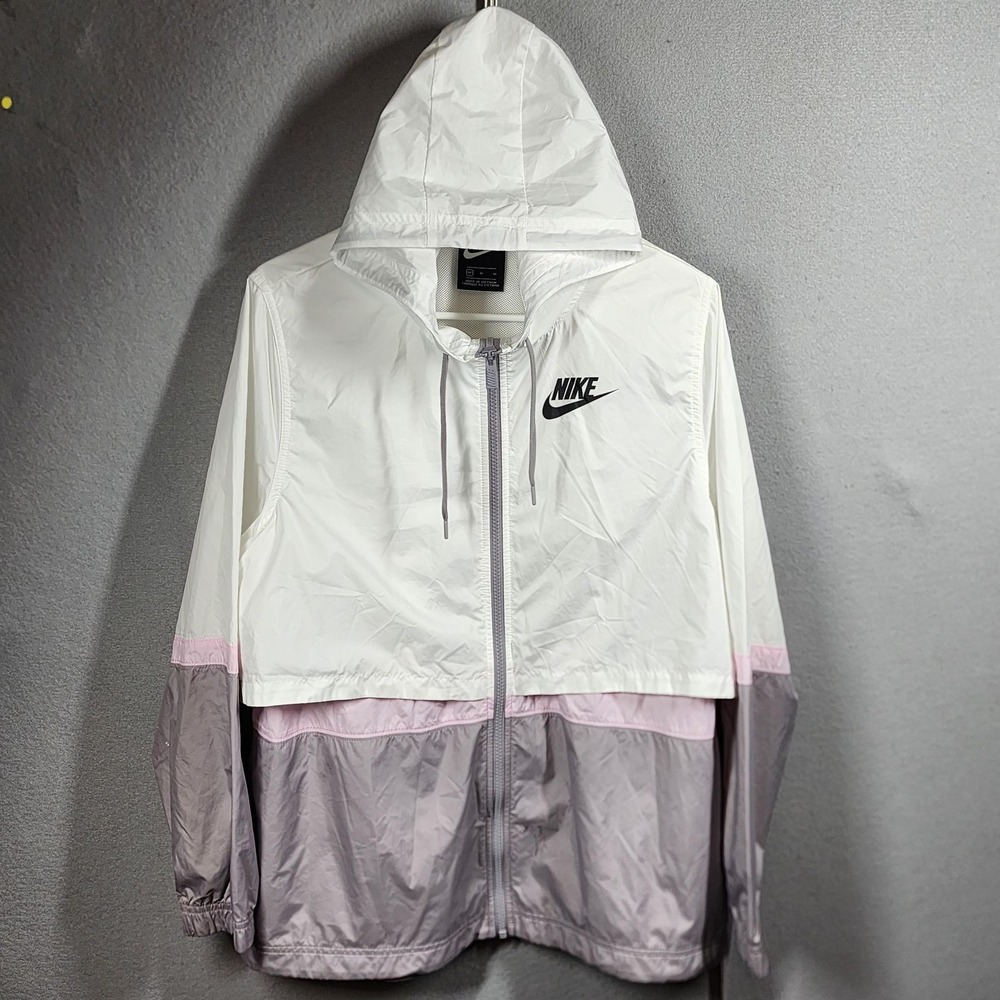 Nike Jacket Womens Medium White Pink Gray Windrunner Hooded‎ Full Zip AJ2692-106